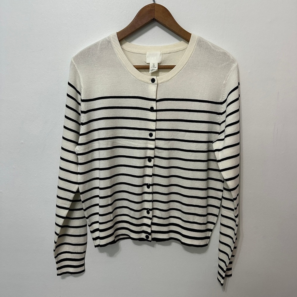 H&M Cardigan Sweater Womens Large Cream Black NEW Striped Button Front